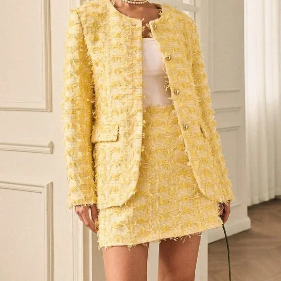 Multicolor Casual Women's Round Neck Long Sleeve Jacquard Jacket And Skirt Set - Picture 7 of 7